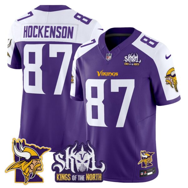 Minnesota Vikings Kings Of The North Patch Vapor Limited Jersey V3 – All Stitched – Purple Alternate – T.J. Hockenson Jersey
