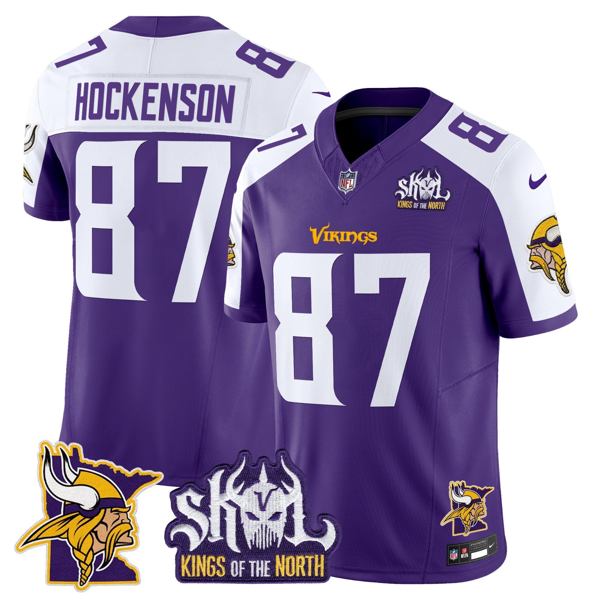 Minnesota Vikings Kings Of The North Patch Vapor Limited Jersey V3 – All Stitched – Purple Alternate – T.J. Hockenson Jersey