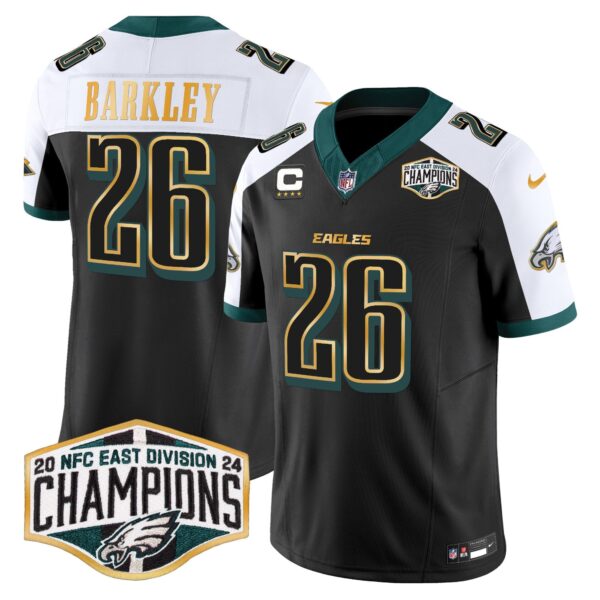 Eagles 2024 NFC East Division Champions Gold Trim Vapor Limited Jersey – All Stitched – Black Alternate – Saquon Barkley Jersey