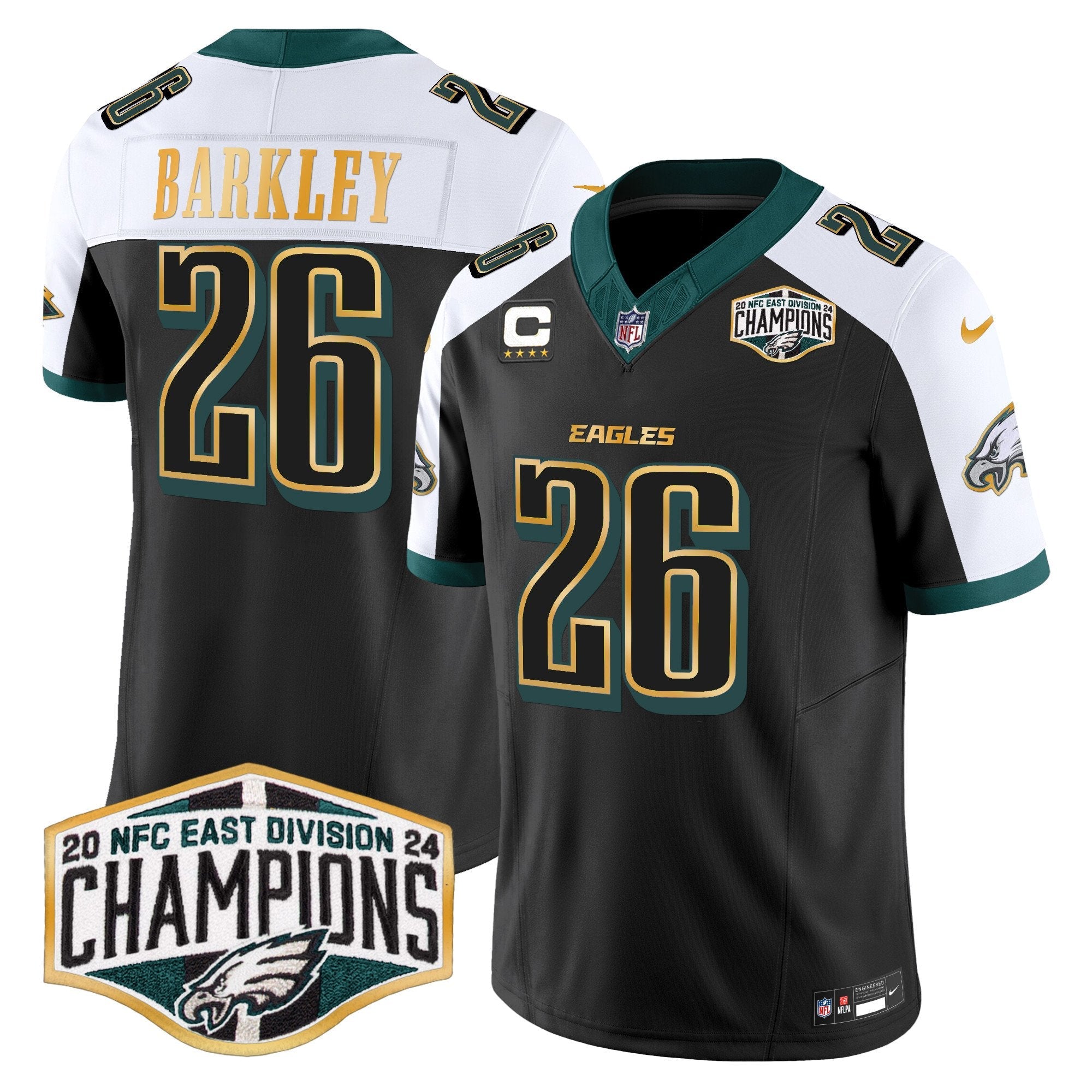 Eagles 2024 NFC East Division Champions Gold Trim Vapor Limited Jersey – All Stitched – Black Alternate – Saquon Barkley Jersey