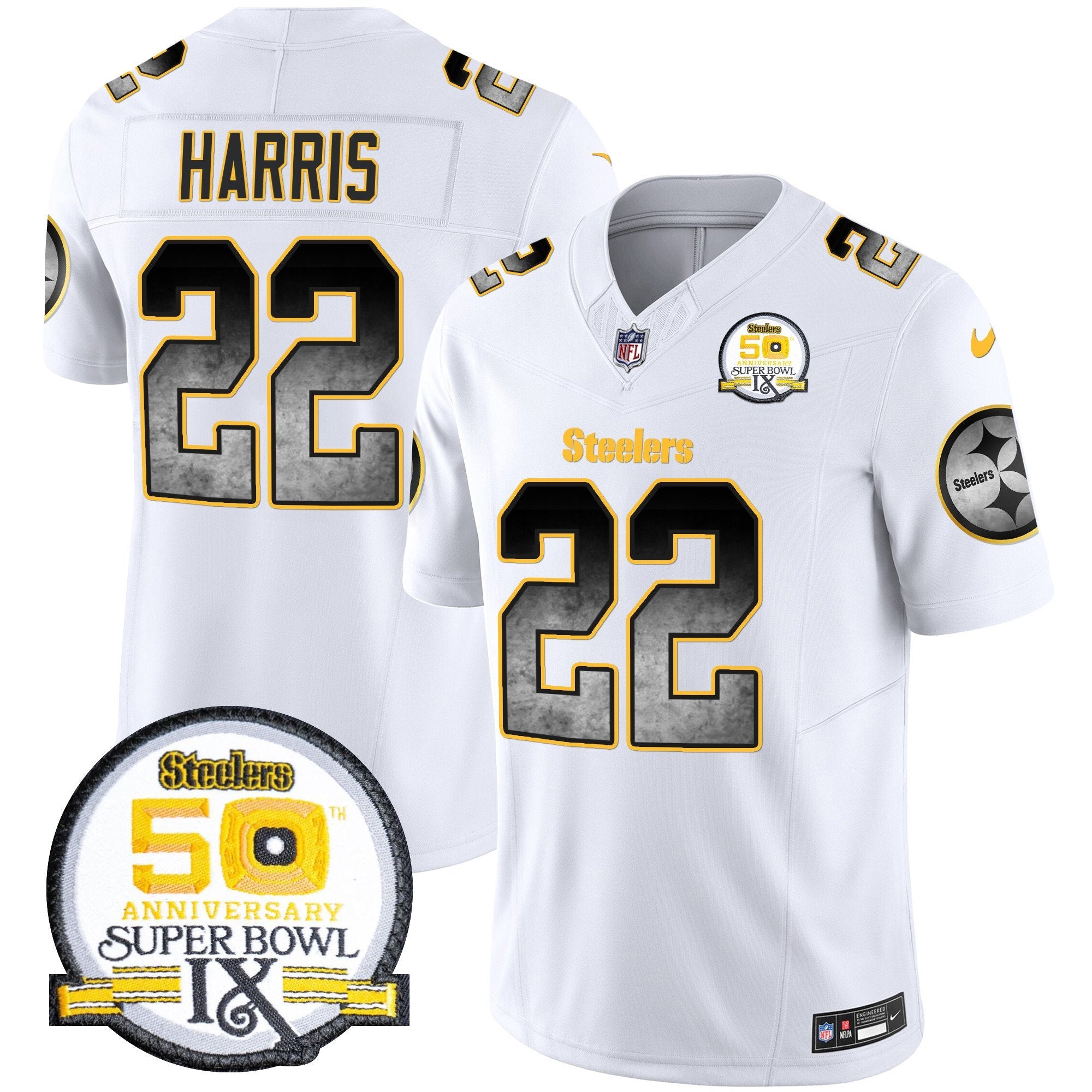 Steelers Arch Smoke 50th Anniversary Of Super Bowl IX Patch Vapor Limited Jersey – All Stitched – White – Najee Harris Jersey