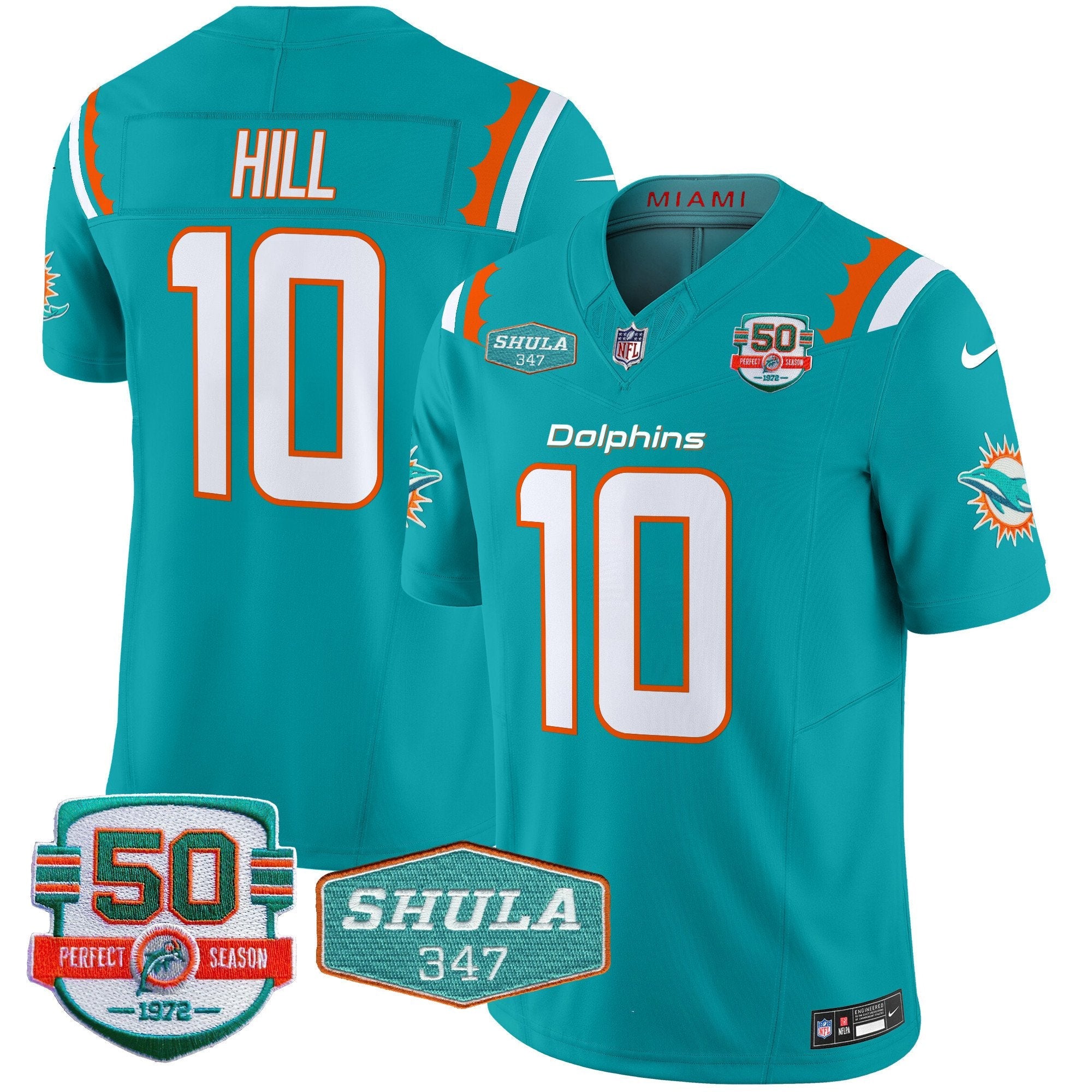 Dolphins 50th & Don Shula 347 Memorial Patch Vapor Limited Jersey – All Stitched – Aqua – Tyreek Hill Jersey