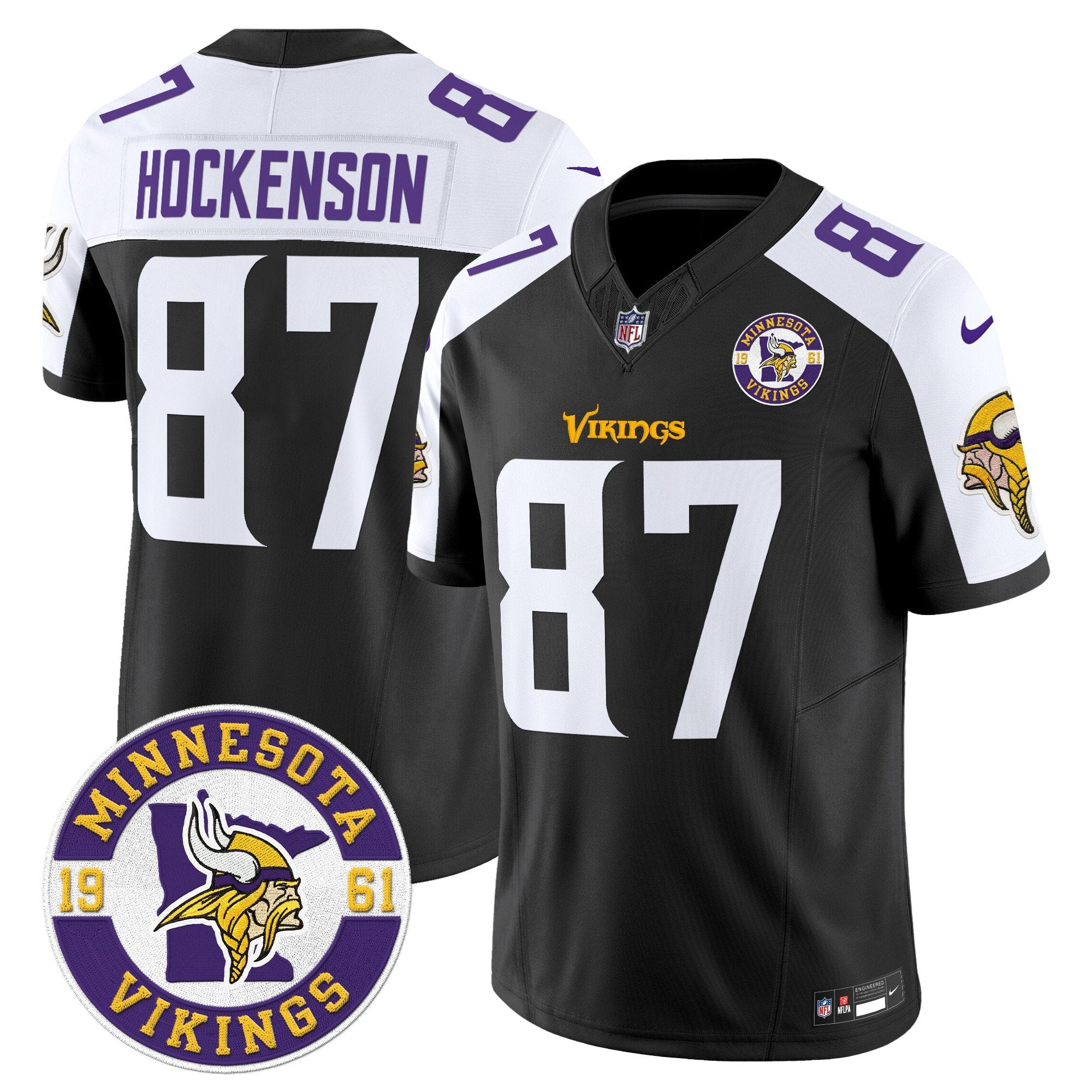 Minnesota Vikings 2024 Vapor Limited Jersey V2 – Est. 1961 Patch – All Stitched – Black Alternate – T.J. Hockenson Jersey