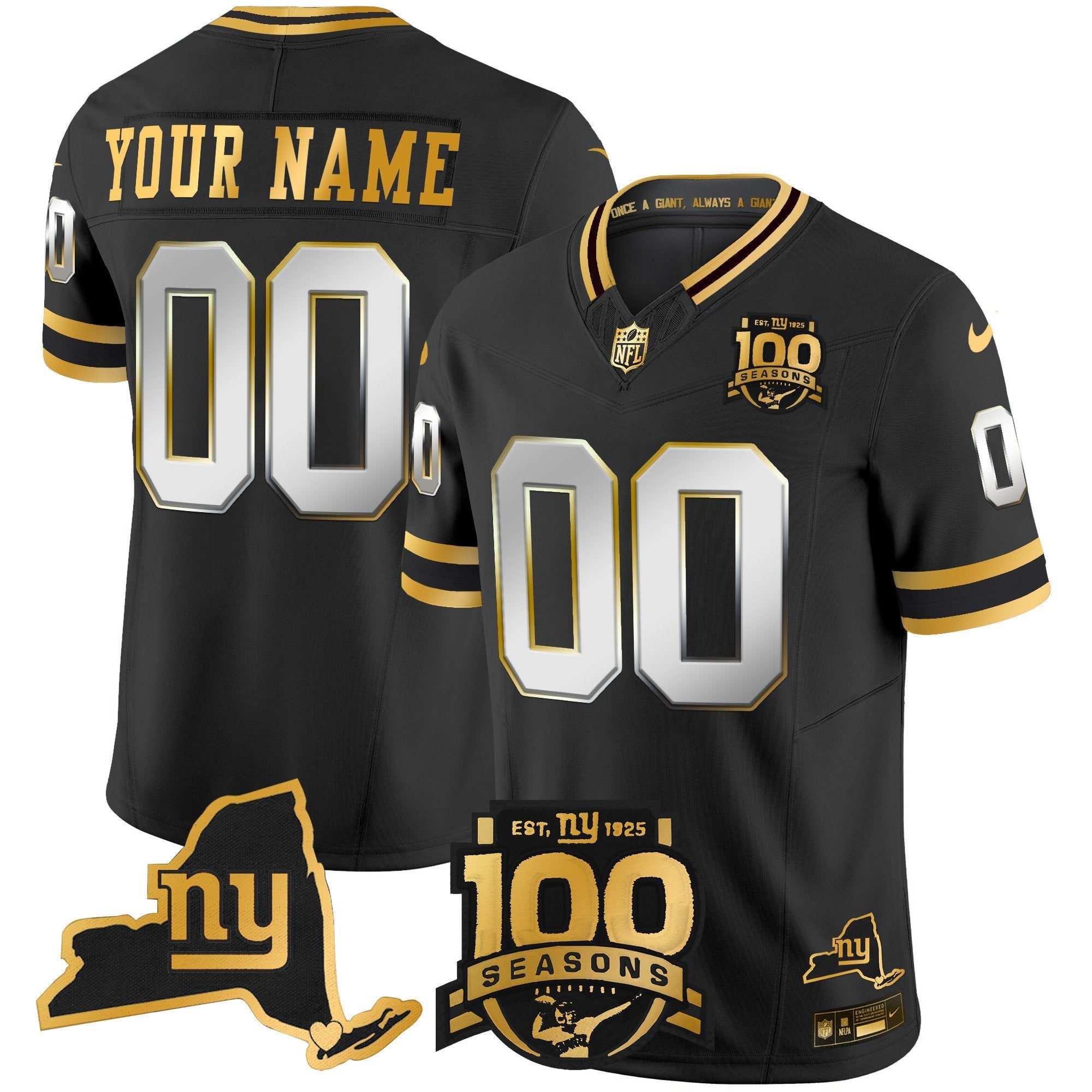 New York Giants 100th Season & State Patch Gold Vapor Limited Custom Jersey – All Stitched – Black Limited Jersey