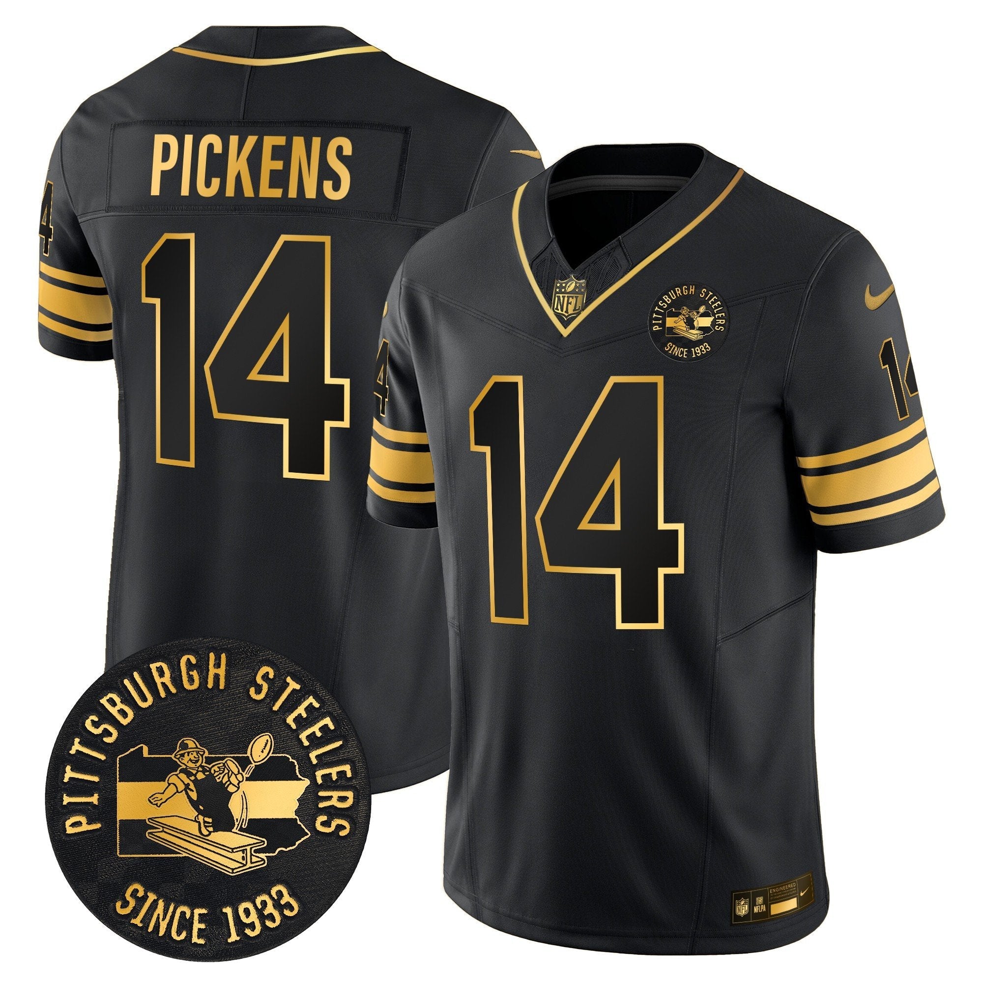 Pittsburgh Steelers Throwback 1933 Patch Gold Vapor Limited Jersey – All Stitched – Black Gold – George Pickens Jersey