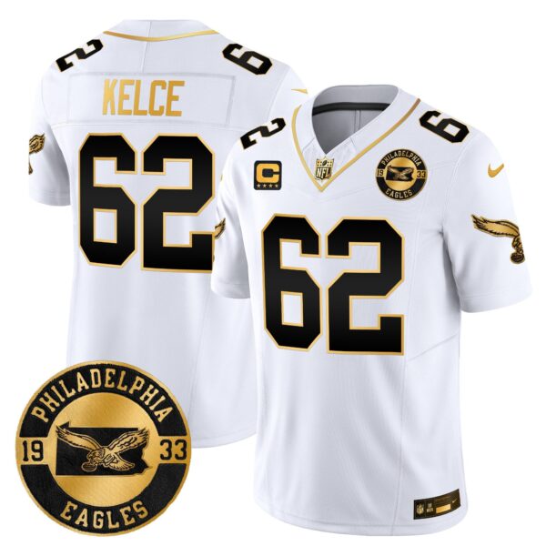 Philadelphia Eagles 2024 Throwback Gold Vapor Limited Jersey – Est. 1933 Patch – All Stitched – White Gold – Jason Kelce Jersey