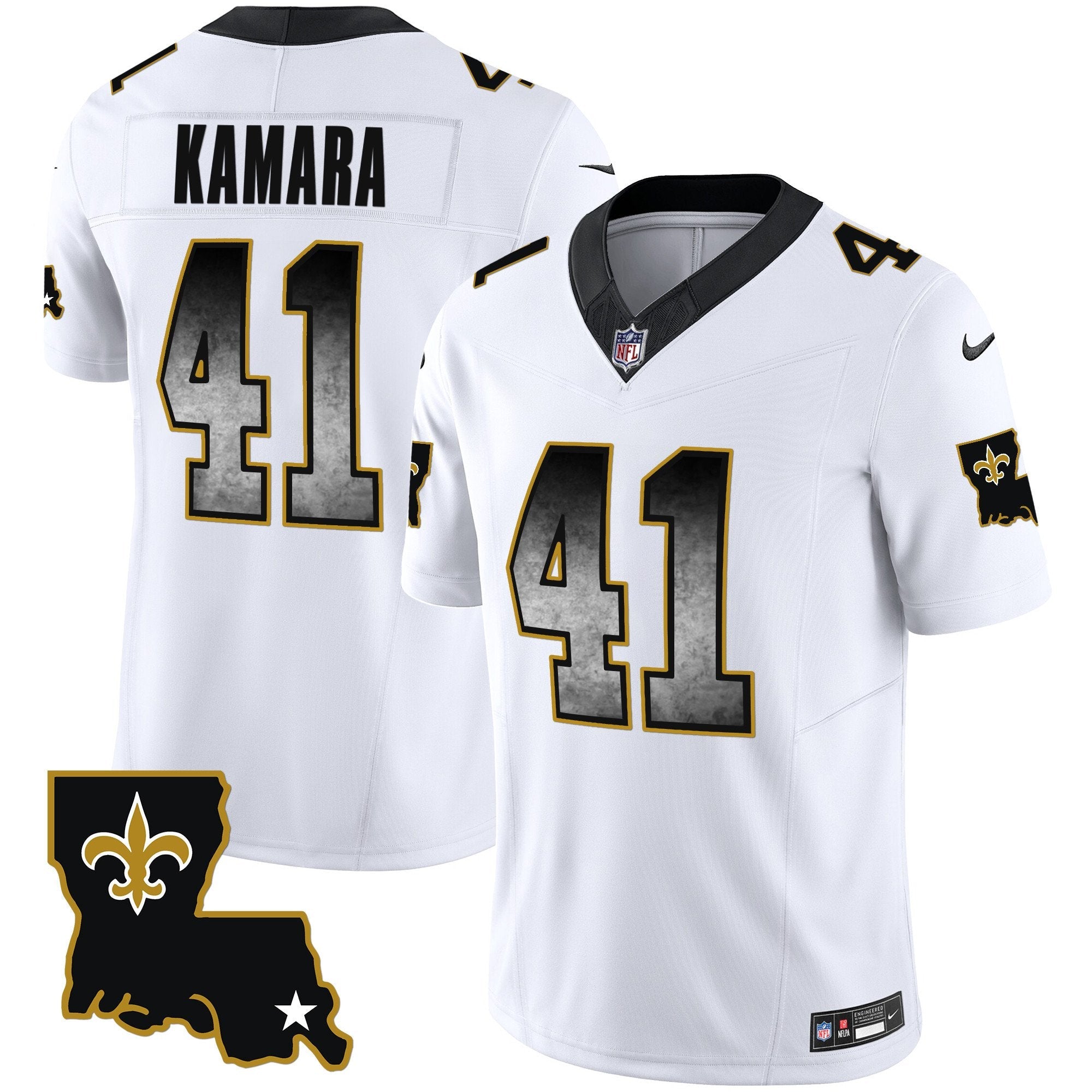 Saints 1987 Legacy Arch Smoke Jersey – All Stitched – White – Alvin Kamara Jersey