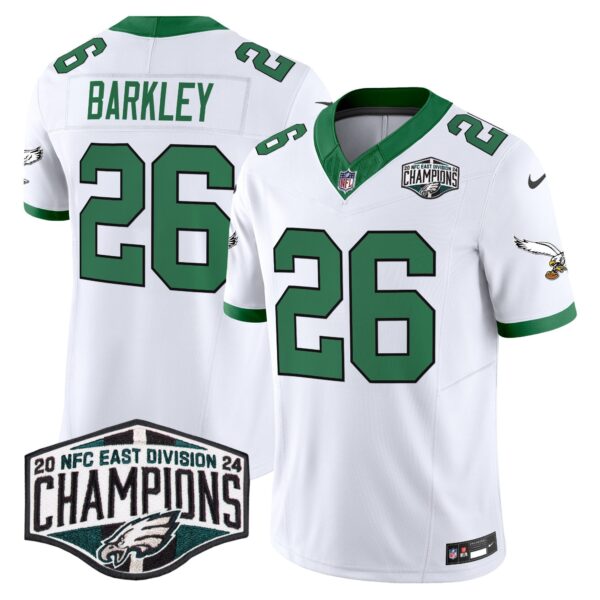 Philadelphia Eagles Kelly Green 2024 NFC East Division Champions Vapor Limited Jersey V2 – All Stitched – Kelly White – Saquon Barkley Jersey