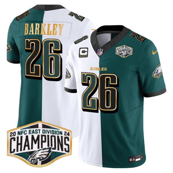 Eagles 2024 NFC East Division Champions Gold Trim Vapor Limited Jersey – All Stitched – Split – Saquon Barkley Jersey