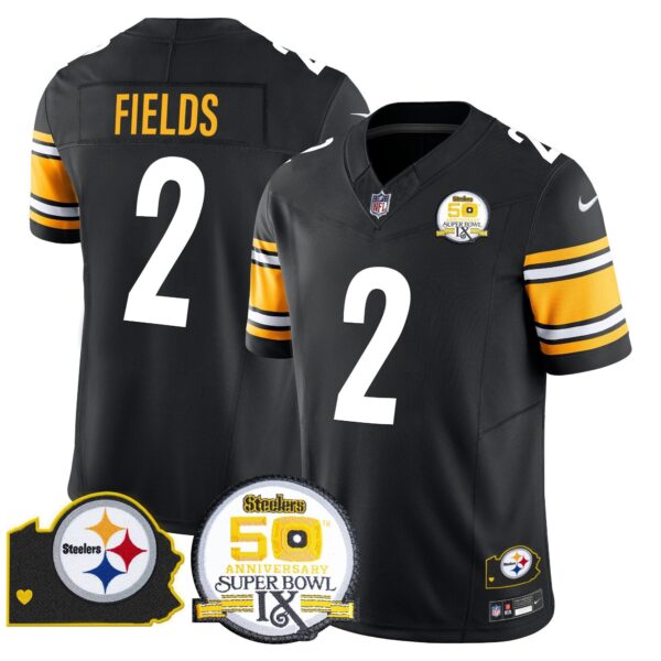 Steelers 50th Anniversary Of Super Bowl IX & Map Patch Vapor Limited Jersey – All Stitched – Black – Justin Fields Jersey