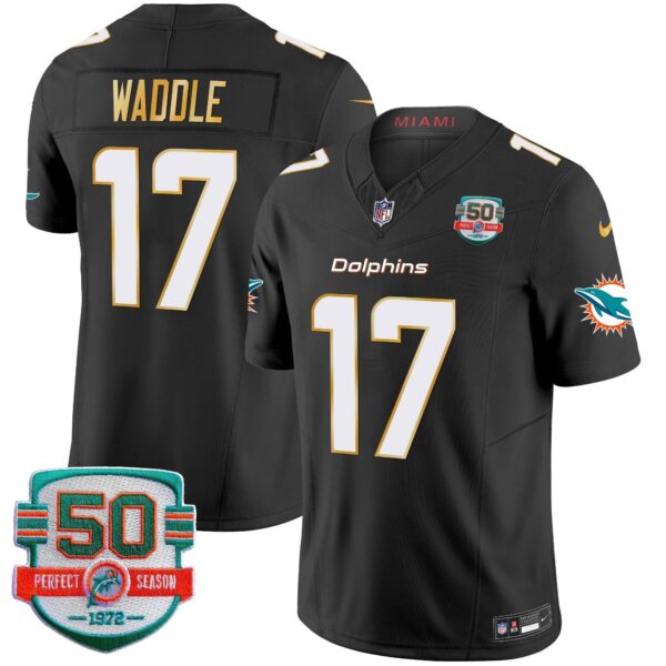 Dolphins Gold Trim Vapor Limited Jersey – All Stitched – Black – Jaylen Waddle Jersey