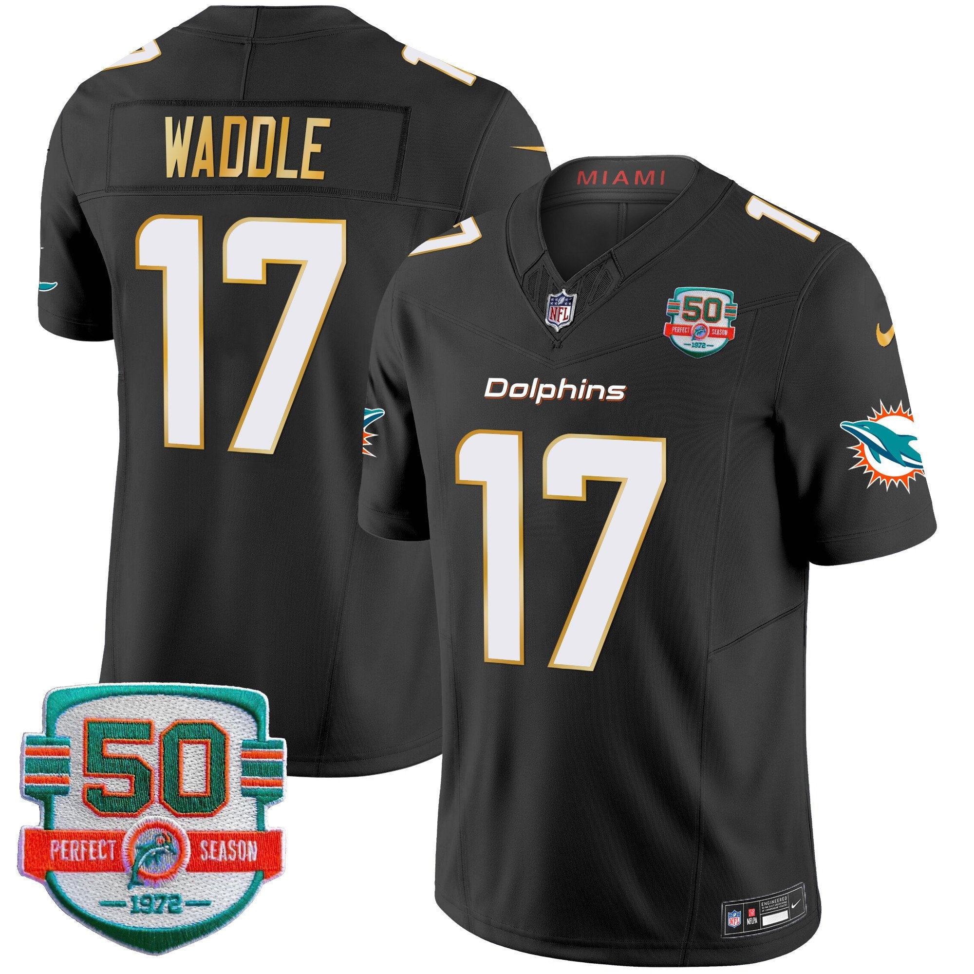 Dolphins Gold Trim Vapor Limited Jersey – All Stitched – Black – Jaylen Waddle Jersey