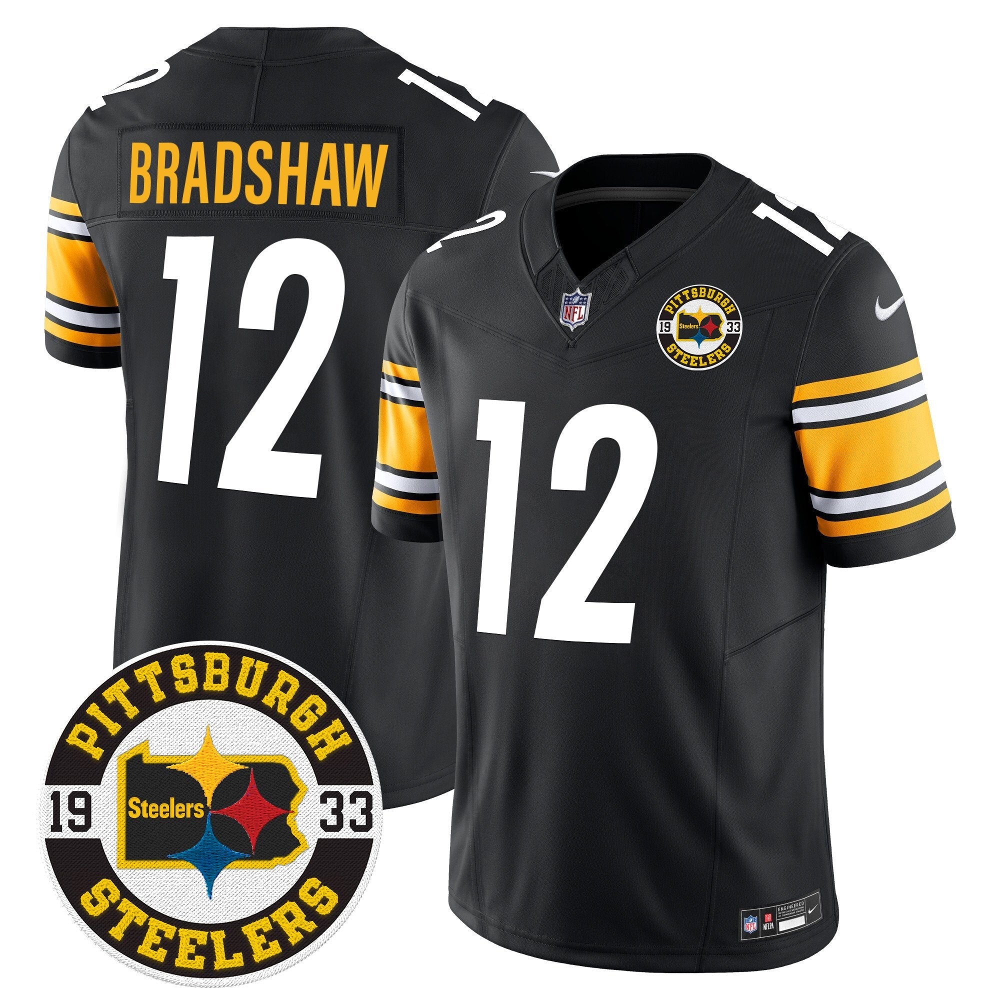 Steelers 2024 Vapor Limited Jersey – Est 1933 Patch – All Stitched – Black – Terry Bradshaw Jersey
