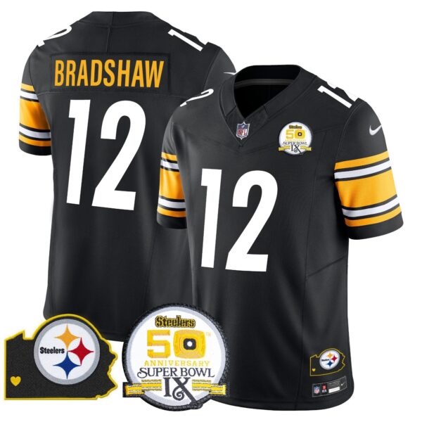 Steelers 50th Anniversary Of Super Bowl IX & Map Patch Vapor Limited Jersey – All Stitched – Black – Terry Bradshaw Jersey