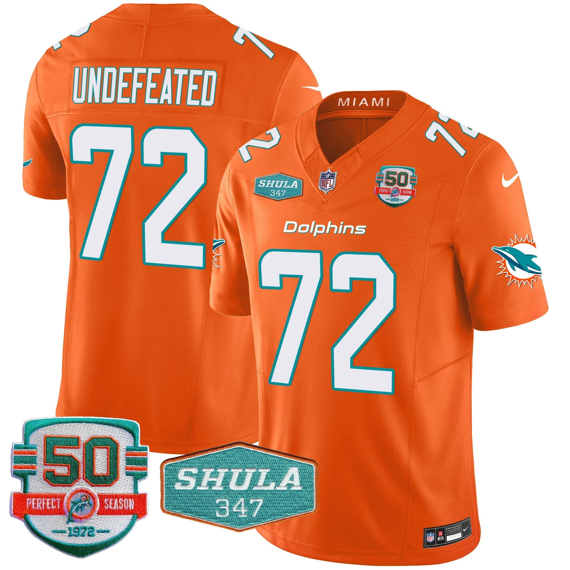 Dolphins Shula 347 Patch Vapor Limited Jersey V2 – All Stitched – Orange – Undefeated Jersey