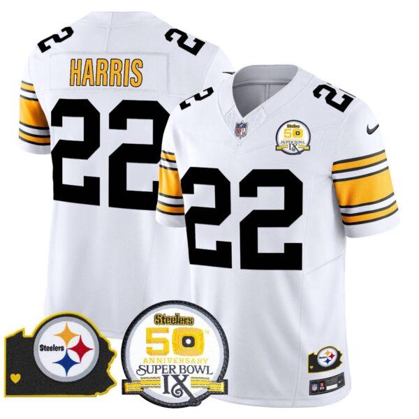 Steelers 50th Anniversary Of Super Bowl IX & Map Patch Vapor Limited Jersey – All Stitched – 1975 White – Najee Harris Jersey
