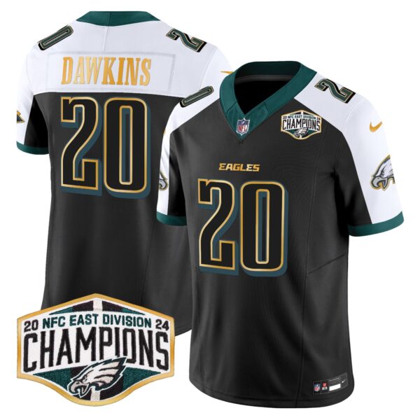 Eagles 2024 NFC East Division Champions Gold Trim Vapor Limited Jersey – All Stitched – Black Alternate – Brian Dawkins Jersey