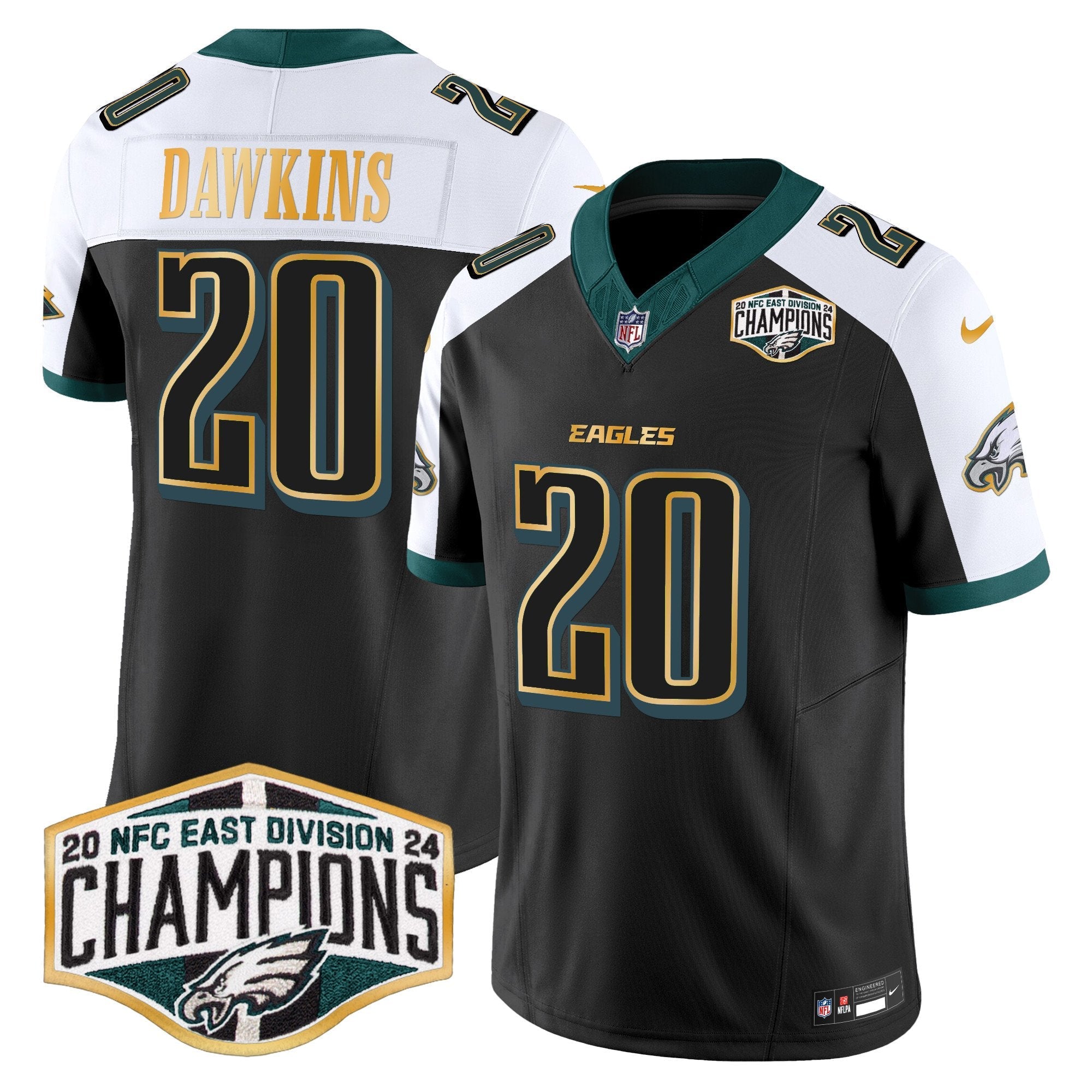 Eagles 2024 NFC East Division Champions Gold Trim Vapor Limited Jersey – All Stitched – Black Alternate – Brian Dawkins Jersey