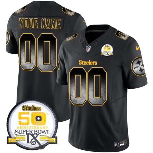 Steelers Arch Smoke 50th Anniversary Of Super Bowl IX Patch Vapor Limited Custom Jersey – All Stitched – Black Jersey