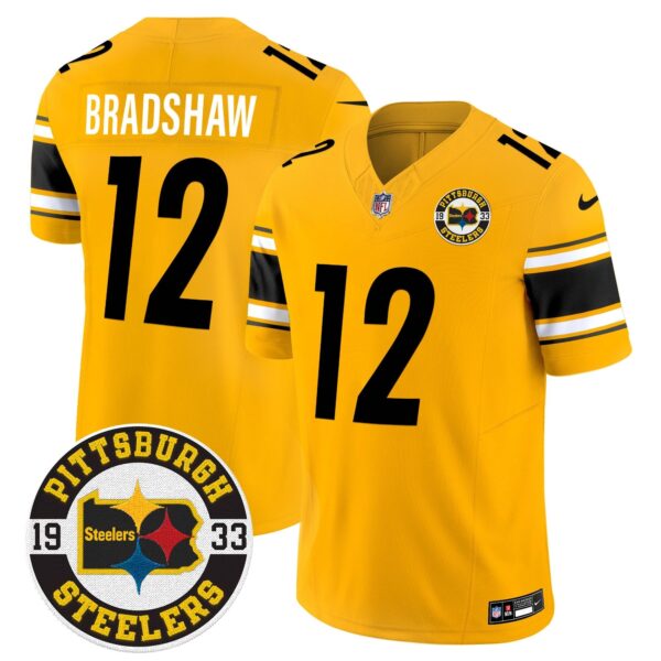 Steelers 2024 Vapor Limited Jersey – Est 1933 Patch – All Stitched – Gold – Terry Bradshaw Jersey