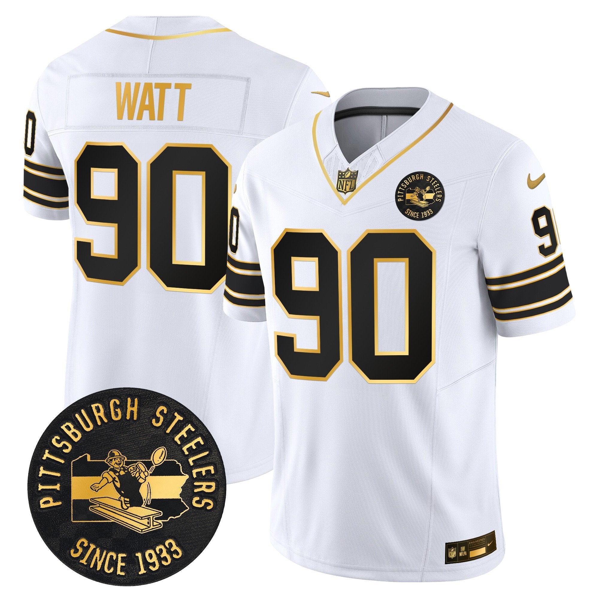 Pittsburgh Steelers Throwback 1933 Patch Gold Vapor Limited Jersey – All Stitched – White Gold – T. J. Watt Jersey