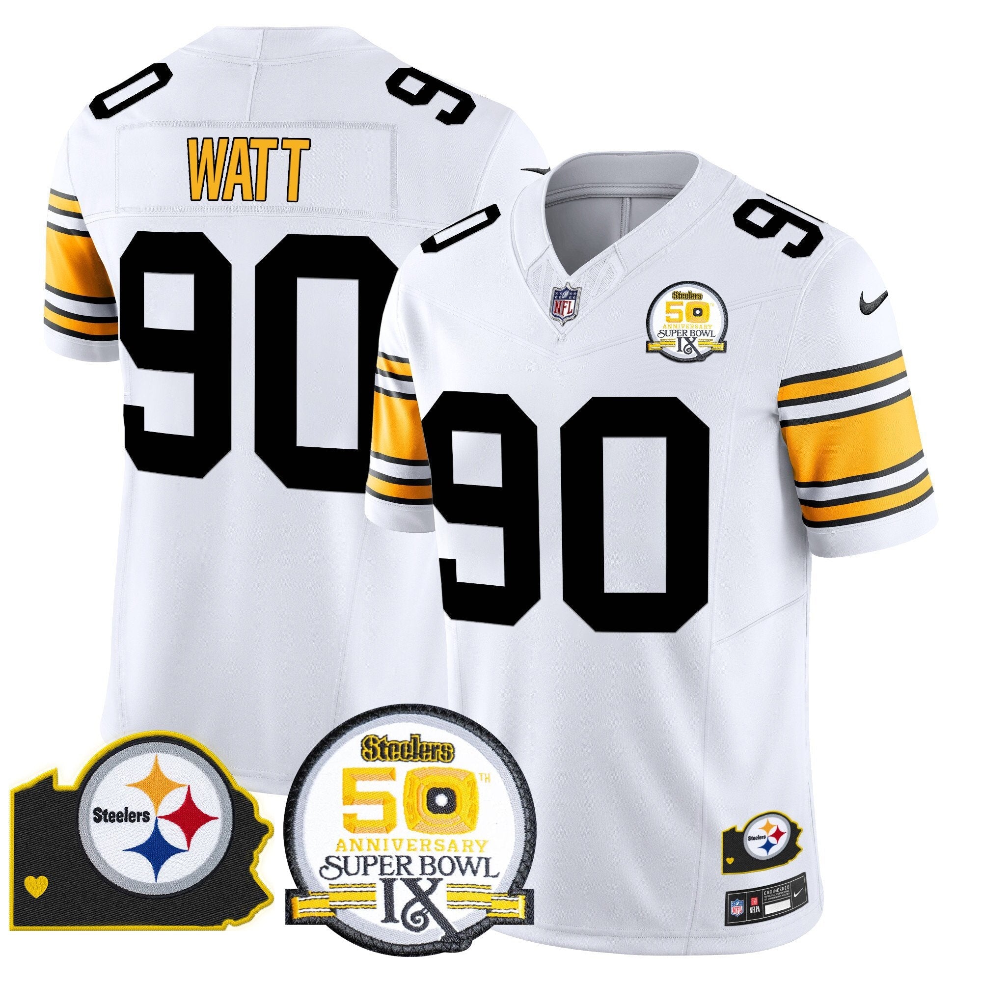 Steelers 50th Anniversary Of Super Bowl IX & Map Patch Vapor Limited Jersey – All Stitched – 1975 White – T. J. Watt Jersey