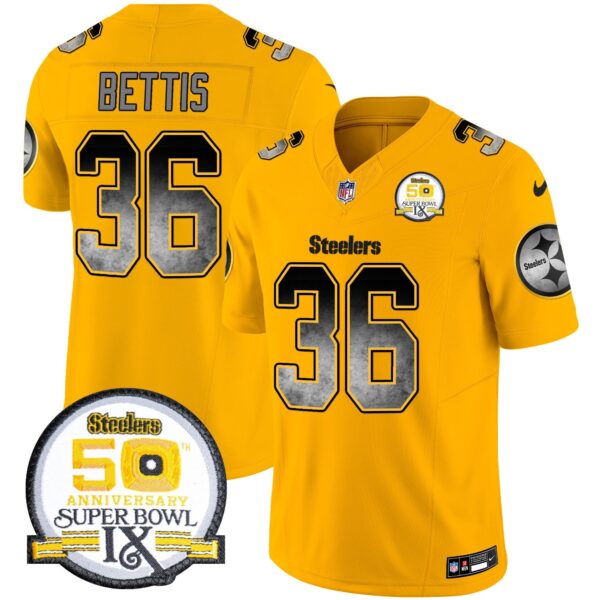 Steelers Arch Smoke 50th Anniversary Of Super Bowl IX Patch Vapor Limited Jersey – All Stitched – Gold – Jerome Bettis Jersey