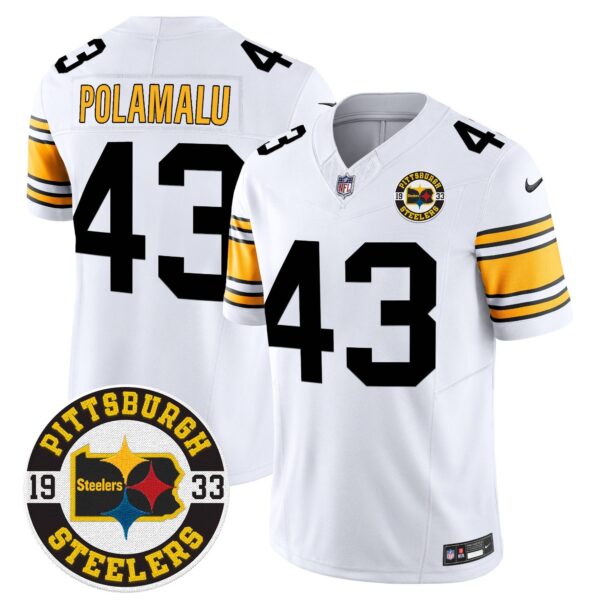 Steelers 2024 Vapor Limited Jersey – Est 1933 Patch – All Stitched – 1975 White – Troy Polamalu Jersey