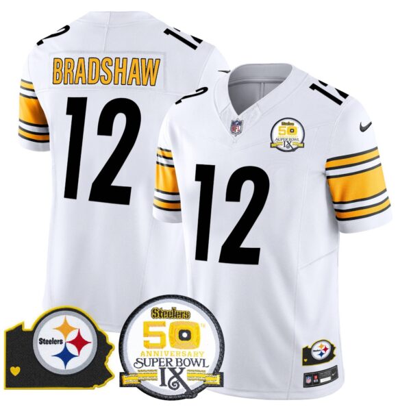 Steelers 50th Anniversary Of Super Bowl IX & Map Patch Vapor Limited Jersey – All Stitched – White – Terry Bradshaw Jersey