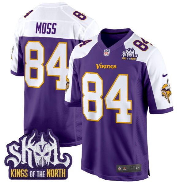 Minnesota Vikings King Of The North Patch Throwback Game Jersey – All Stitched – Purple Alternate – Randy Moss Jersey