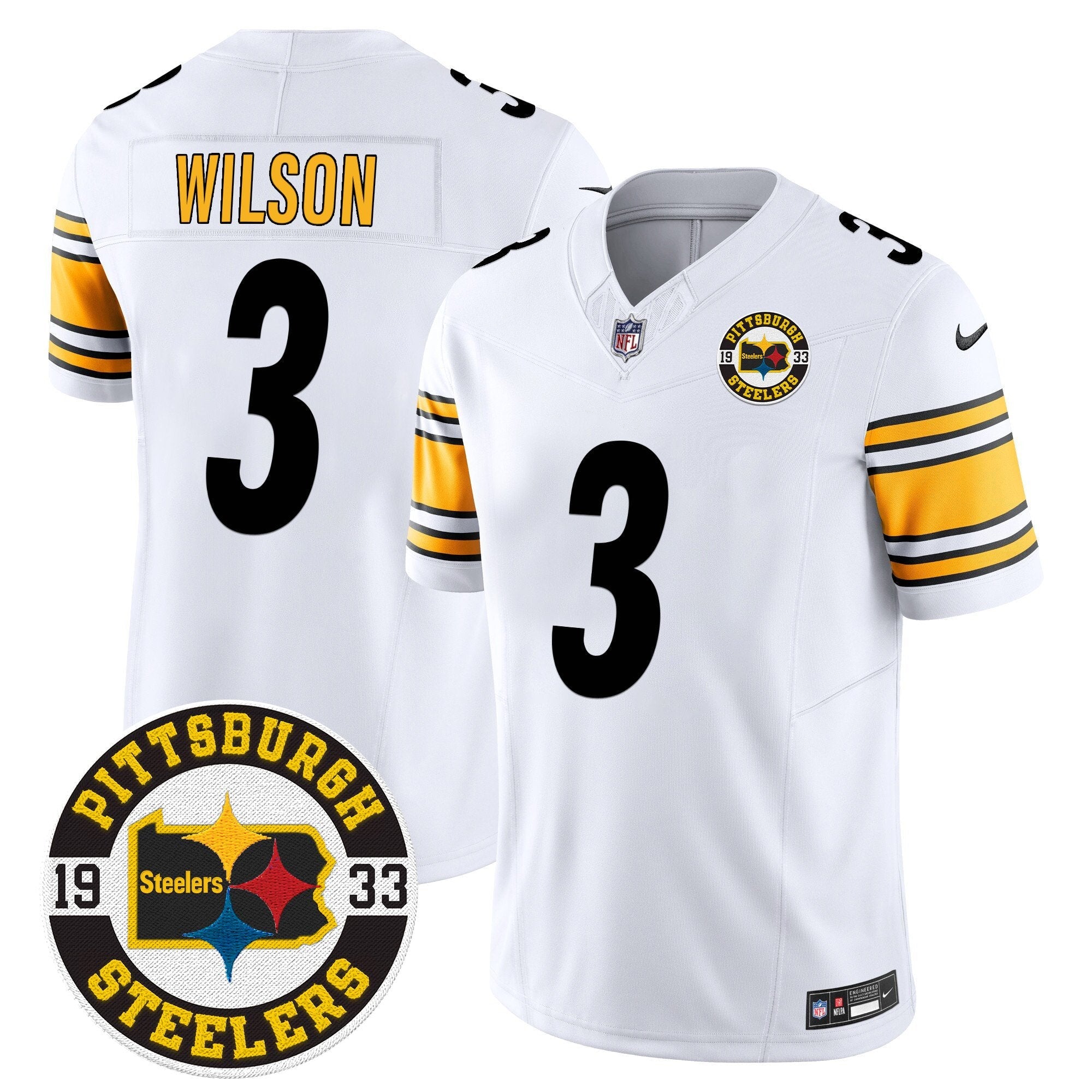 Steelers 2024 Vapor Limited Jersey – Est 1933 Patch – All Stitched – White – Russell Wilson Jersey
