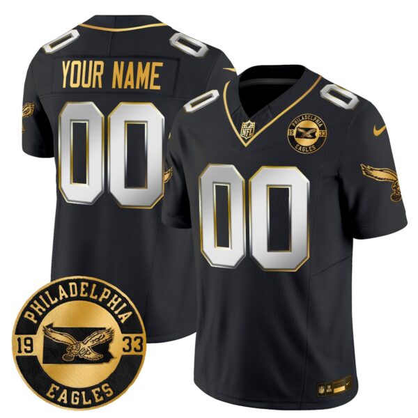 Philadelphia Eagles 2024 Throwback Gold Vapor Limited Custom Jersey – Est. 1933 Patch – All Stitched – Black Limited Jersey
