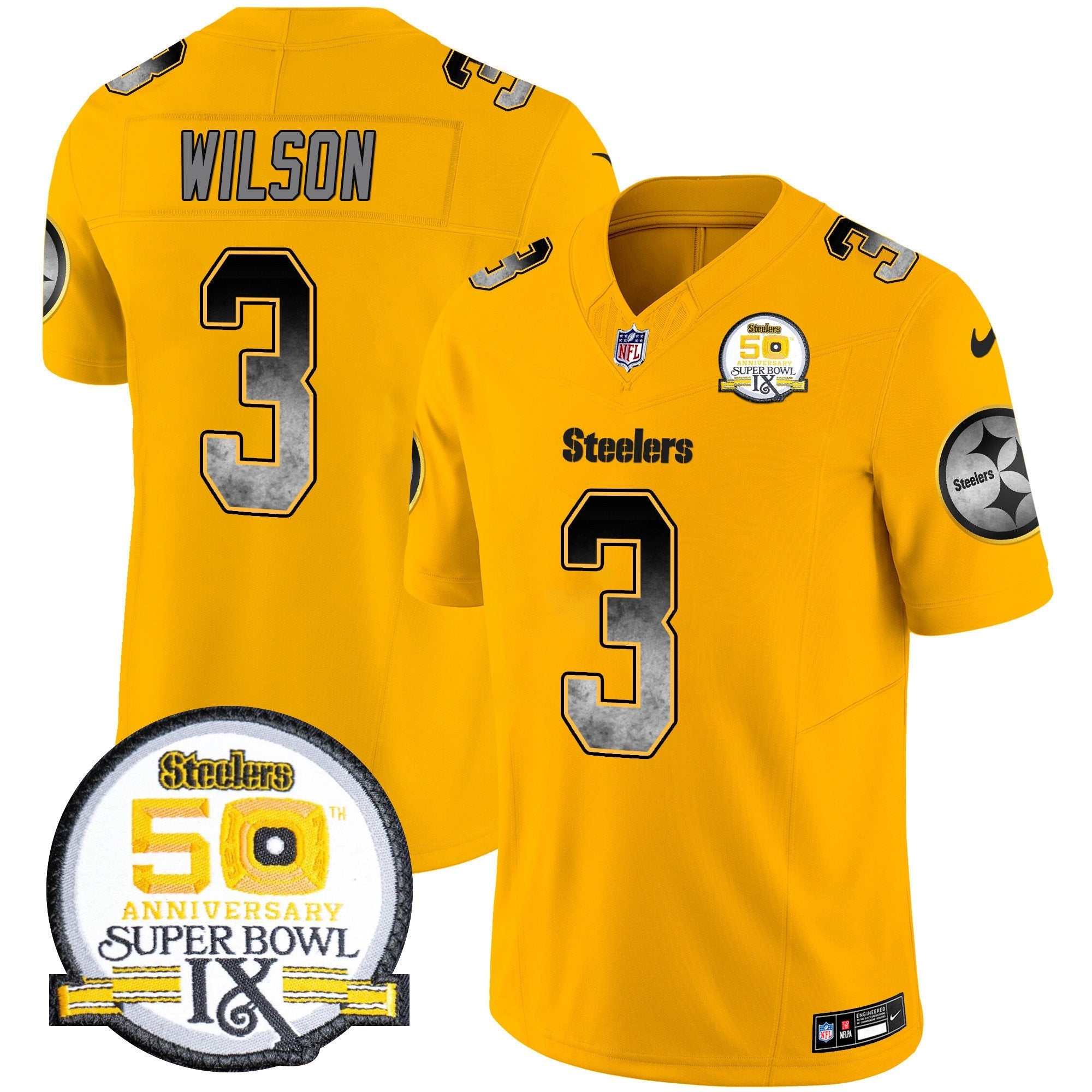 Steelers Arch Smoke 50th Anniversary Of Super Bowl IX Patch Vapor Limited Jersey – All Stitched – Gold – Russell Wilson Jersey