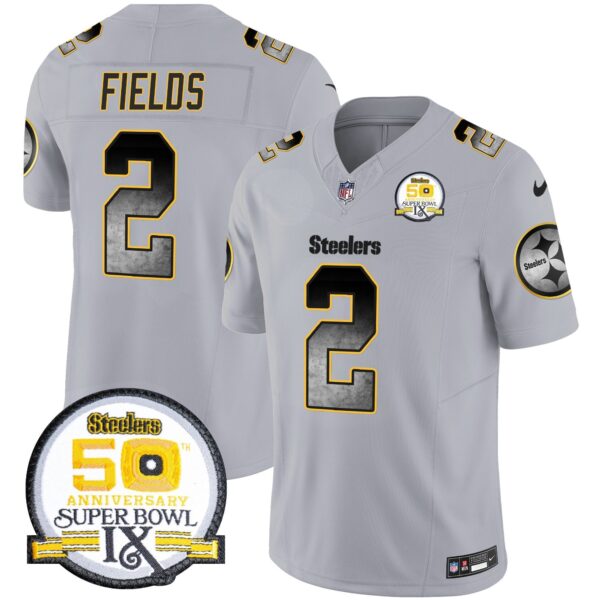 Steelers Arch Smoke 50th Anniversary Of Super Bowl IX Patch Vapor Limited Jersey – All Stitched – Gray – Justin Fields Jersey