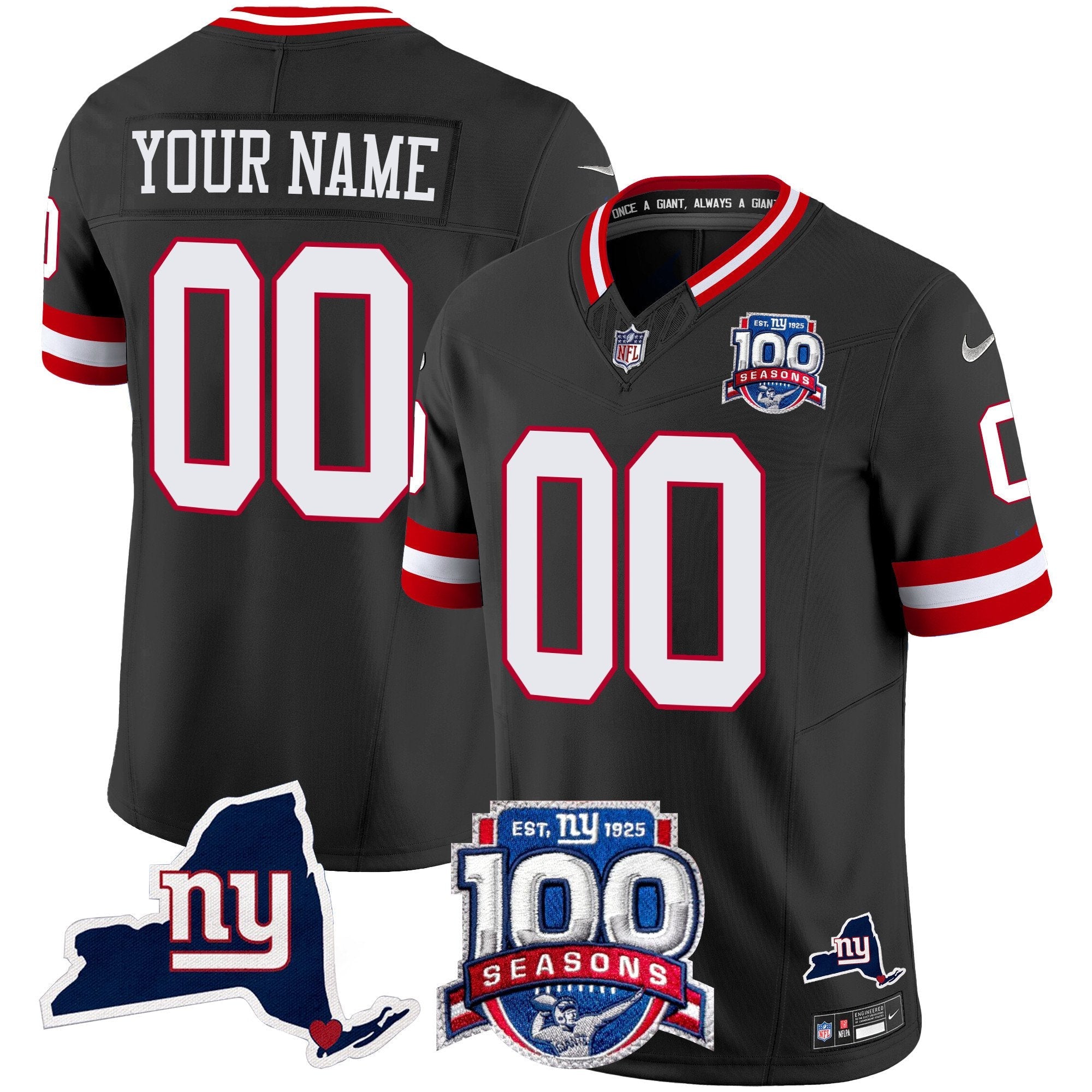 New York Giants 100th Season & State Patch Vapor Limited Custom Jersey – All Stitched – Black Jersey