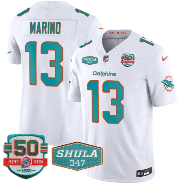 Dolphins Shula 347 Patch Vapor Limited Jersey V2 – All Stitched – White – Dan Marino Jersey