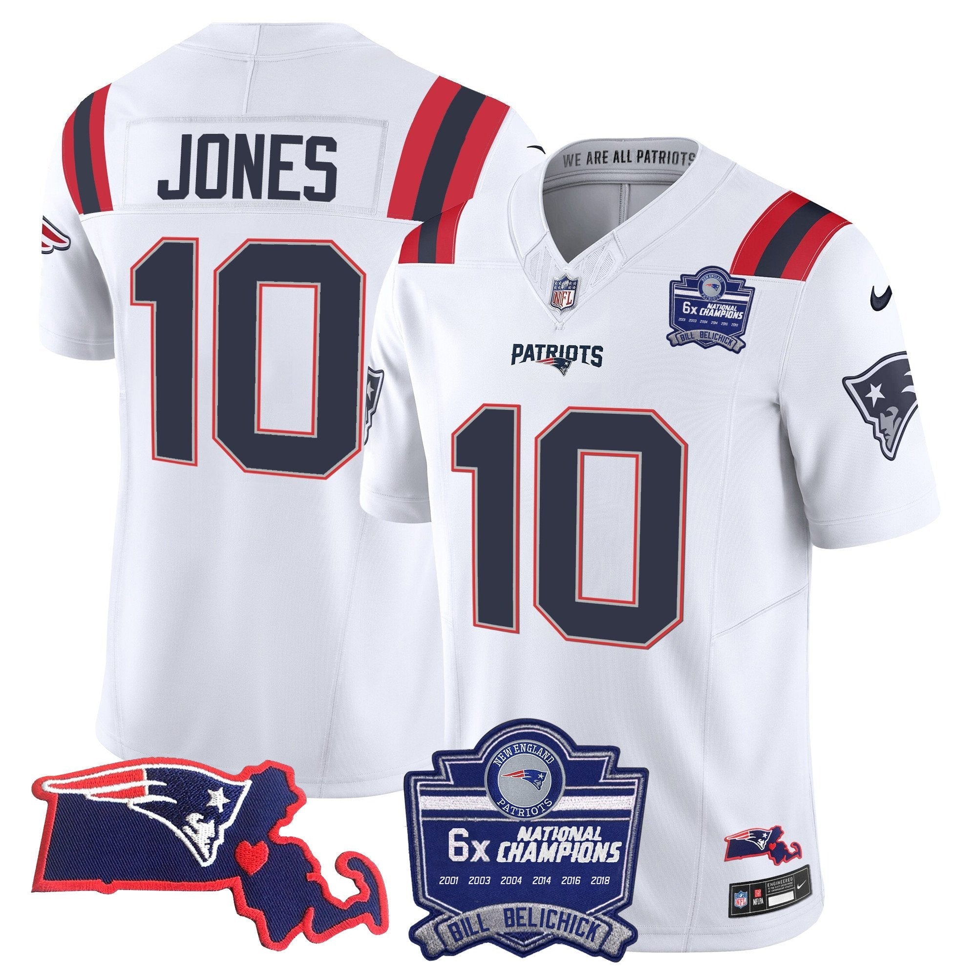 Patriots Bill Belichick 6x Champions Patch Vapor Jersey – All Stitched – White – Mac Jones Jersey