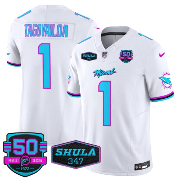 Dolphins “Miami Vice” Vapor Limited Jersey V4 – All Stitched – White – Tua Tagovailoa Jersey