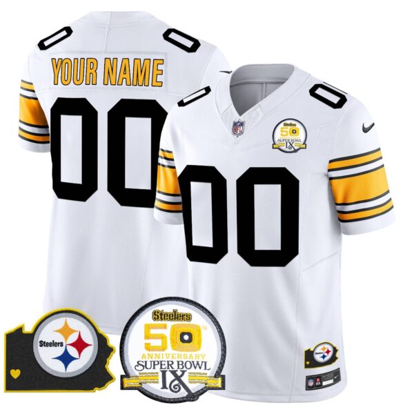 Steelers 50th Anniversary Of Super Bowl IX & Map Patch Vapor Limited Custom Jersey – All Stitched – 1975 White Jersey
