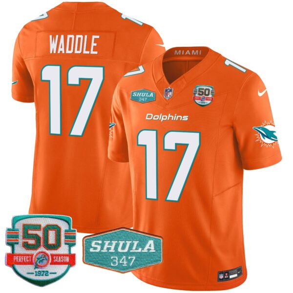 Dolphins Shula 347 Patch Vapor Limited Jersey V2 – All Stitched – Orange – Jaylen Waddle Jersey