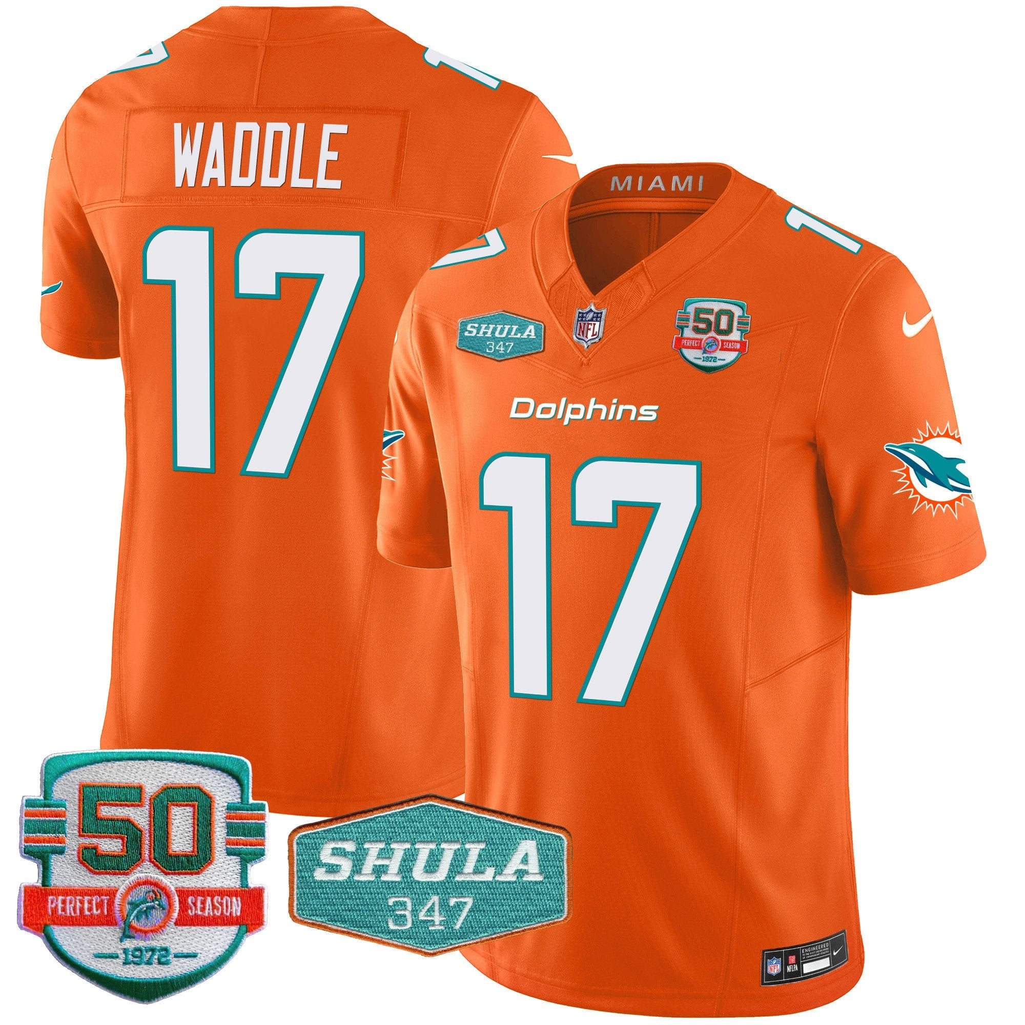 Dolphins Shula 347 Patch Vapor Limited Jersey V2 – All Stitched – Orange – Jaylen Waddle Jersey