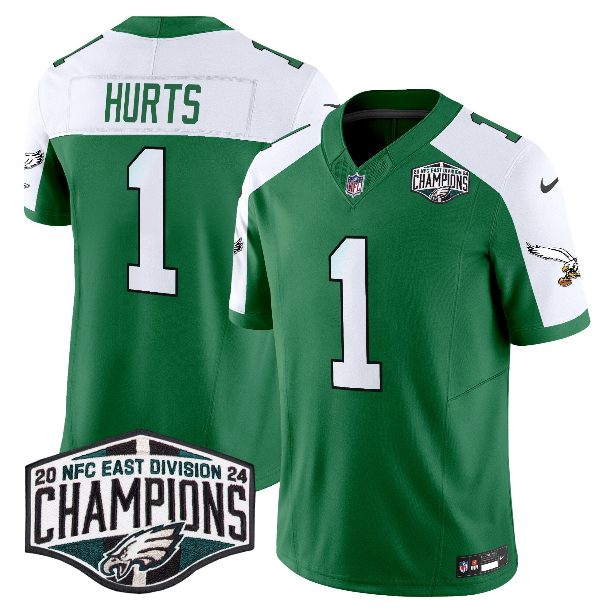 Philadelphia Eagles Kelly Green 2024 NFC East Division Champions Vapor Limited Jersey V2 – All Stitched – Kelly Alternate – Jalen Hurts Jersey