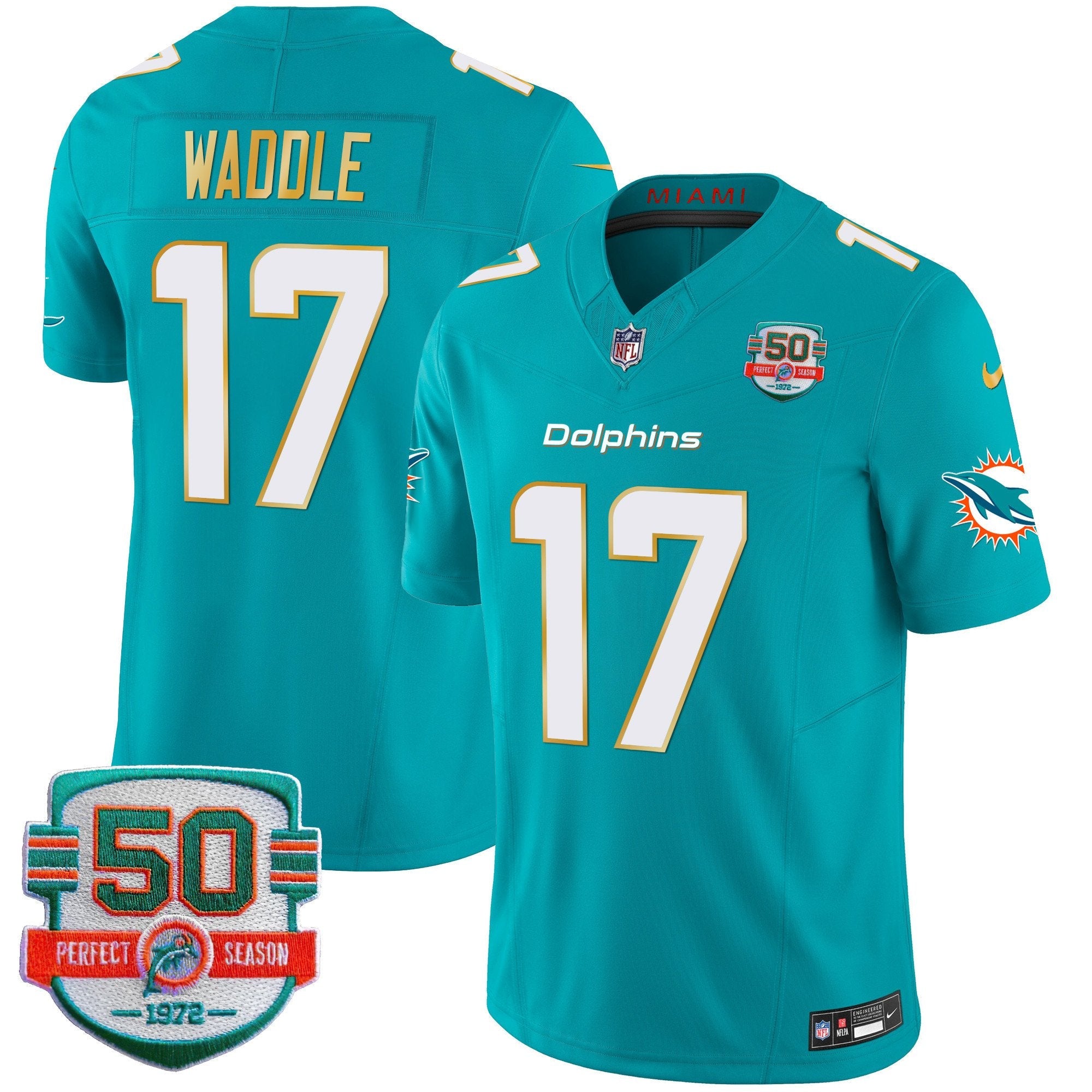 Dolphins Gold Trim Vapor Limited Jersey – All Stitched – Aqua – Jaylen Waddle Jersey