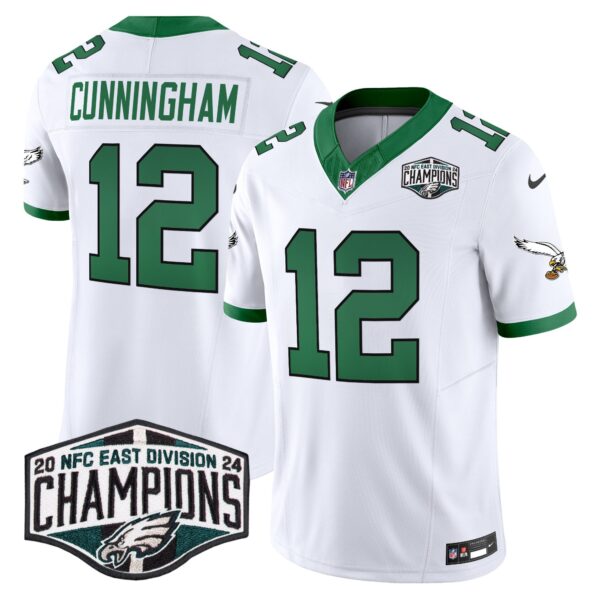 Philadelphia Eagles Kelly Green 2024 NFC East Division Champions Vapor Limited Jersey V2 – All Stitched – Kelly White – Randall Cunningham Jersey