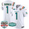 Dolphins 50th & Don Shula 347 Memorial Patch Vapor Limited Jersey – All Stitched – White – Tua Tagovailoa Jersey