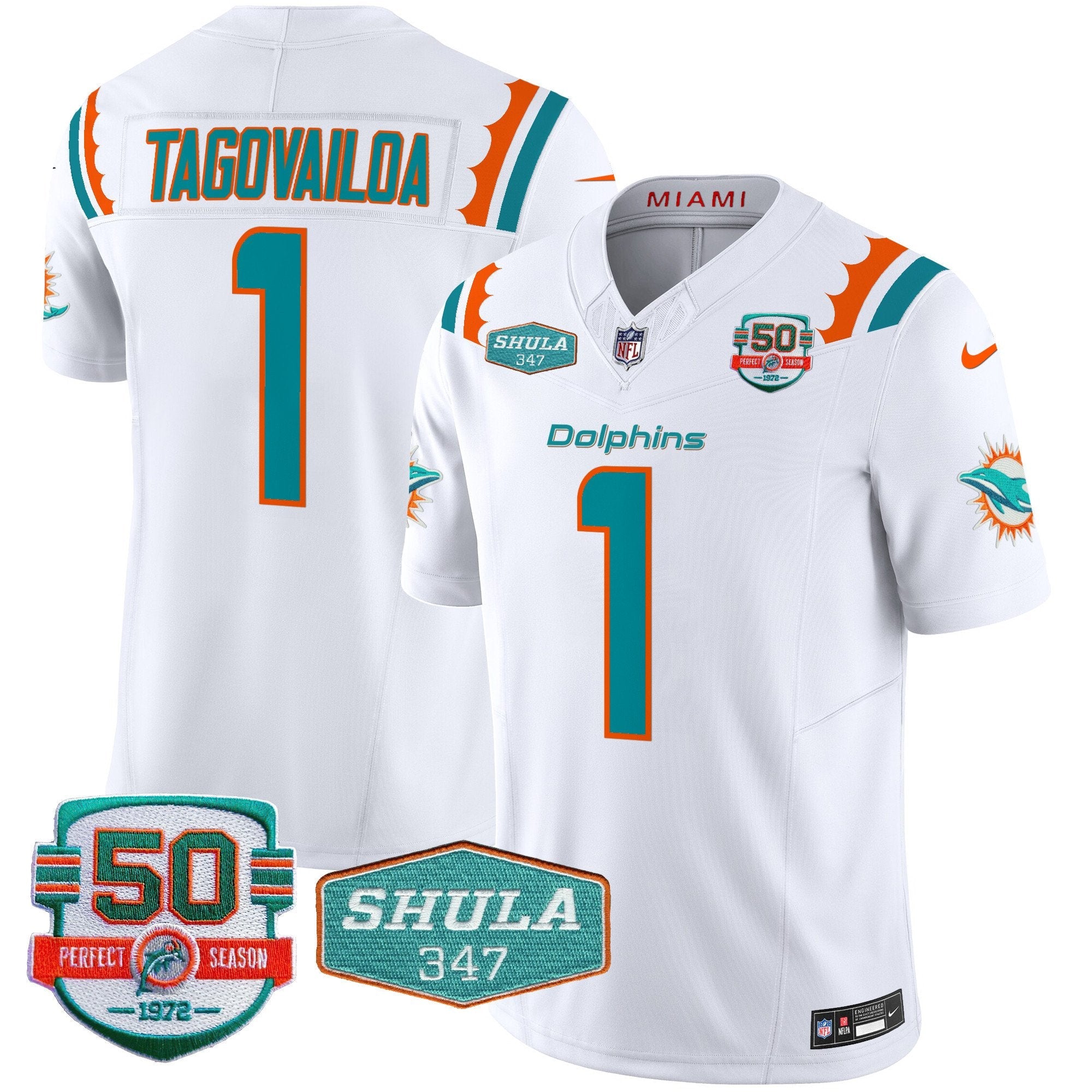 Dolphins 50th & Don Shula 347 Memorial Patch Vapor Limited Jersey – All Stitched – White – Tua Tagovailoa Jersey