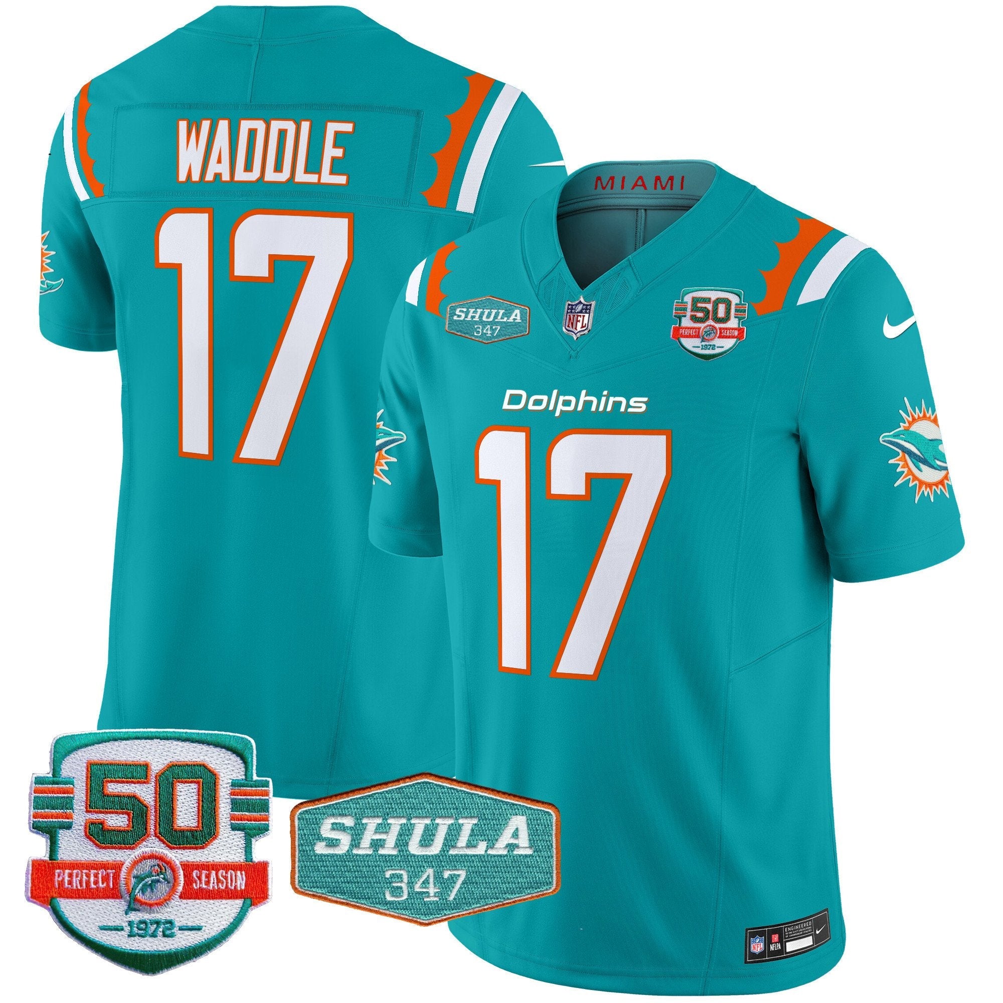 Dolphins 50th & Don Shula 347 Memorial Patch Vapor Limited Jersey – All Stitched – Aqua – Jaylen Waddle Jersey
