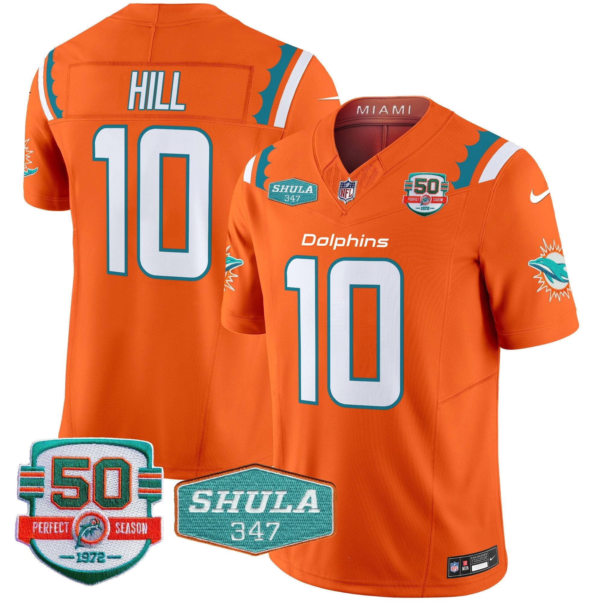 Dolphins 50th & Don Shula 347 Memorial Patch Vapor Limited Jersey – All Stitched – Orange – Tyreek Hill Jersey