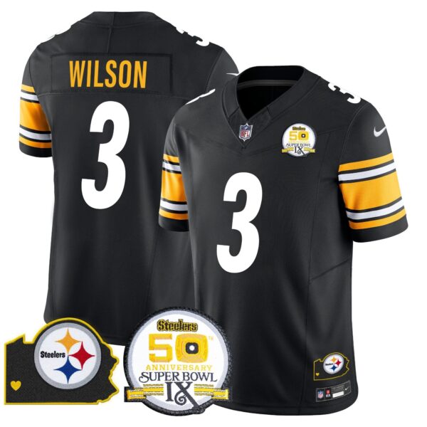 Steelers 50th Anniversary Of Super Bowl IX & Map Patch Vapor Limited Jersey – All Stitched – Black – Russell Wilson Jersey