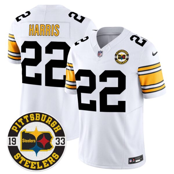 Steelers 2024 Vapor Limited Jersey – Est 1933 Patch – All Stitched – 1975 White – Najee Harris Jersey